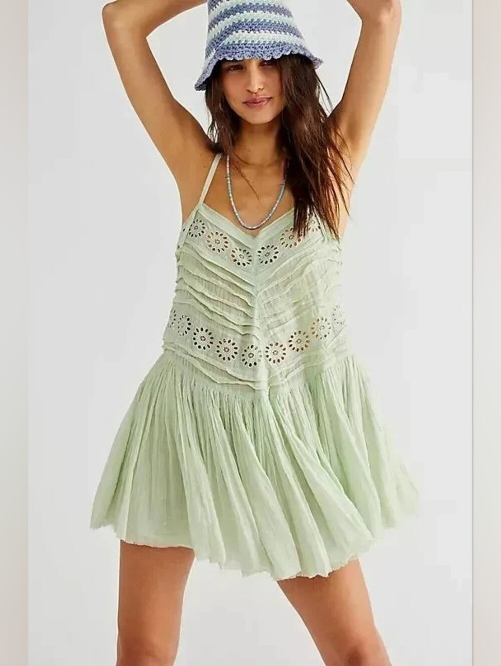 Free People Annelise Slip Dress Eyelet Tiered Mini Light Green Cotton Sz S Boho